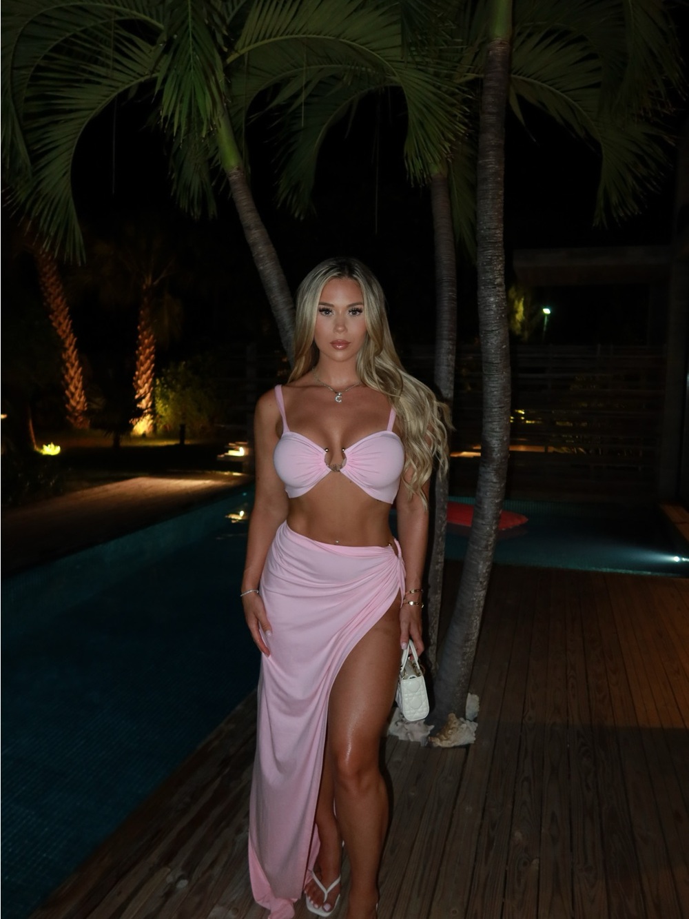 Pink Two-Piece Cutout Top & High Slit Skirt Set